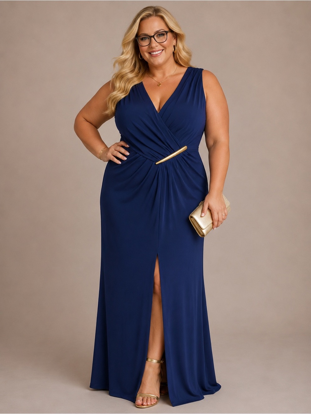 Donna Karan NY Blue Draped Gown Gold Bar Formal Dress Size 16 NWT